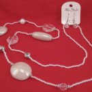 White Seed Bead Necklace Set Glossy Pearlized Silver Tone Beads Dangle Earrings