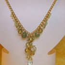 Green Glass Bead Necklace Acrylic Rose Bead Accents Gold Tone Chain