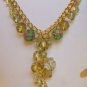 Green Glass Bead Necklace Acrylic Rose Bead Accents Gold Tone Chain