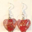Red Heart Lampwork Pink Flower Glass Dangle Earrings