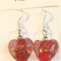Red Heart Lampwork Pink Flower Glass Dangle Earrings