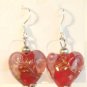 Red Heart Lampwork Pink Flower Glass Dangle Earrings