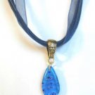 White Blue Millefiori Flower Teardrop Pendant Blue Organza Wax String Necklace