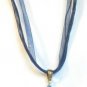 White Blue Millefiori Flower Teardrop Pendant Blue Organza Wax String Necklace