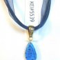 White Blue Millefiori Flower Teardrop Pendant Blue Organza Wax String Necklace