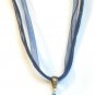 White Blue Millefiori Flower Teardrop Pendant Blue Organza Wax String Necklace