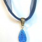 White Blue Millefiori Flower Teardrop Pendant Blue Organza Wax String Necklace