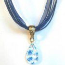 Clear White Blue Millefiori Teardrop Pendant Blue Organza Wax String Necklace