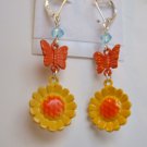 Orange Yellow Sunflower Butterfly Dangle Earrings