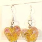 Yellow Heart Lampwork Pink Flower Glass Dangle Earrings