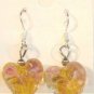 Yellow Heart Lampwork Pink Flower Glass Dangle Earrings