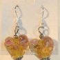 Yellow Heart Lampwork Pink Flower Glass Dangle Earrings