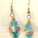 Blue Oval Silver Lampwork Pink Rose Millifori Dangle Earrings