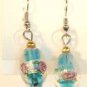 Blue Oval Silver Lampwork Pink Rose Millifori Dangle Earrings