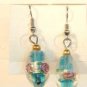 Blue Oval Silver Lampwork Pink Rose Millifori Dangle Earrings