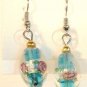 Blue Oval Silver Lampwork Pink Rose Millifori Dangle Earrings