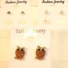 Lot 3 Brown Owl White Pearl Tone Green Crystal Stud Earrings