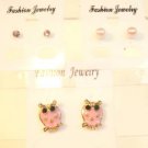 Lot 3 Pink Owl Pearl Tone Crystal Stud Earrings