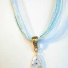 White Blue Green Millefiori Teardrop Pendant Aqua Organza Wax String Necklace