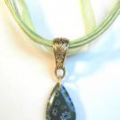 White Blue Millefiori Teardrop Pendant Green Organza Wax String Necklace
