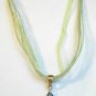 White Blue Millefiori Teardrop Pendant Green Organza Wax String Necklace