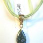 White Blue Millefiori Teardrop Pendant Green Organza Wax String Necklace
