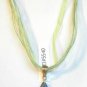 White Blue Millefiori Teardrop Pendant Green Organza Wax String Necklace