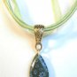 White Blue Millefiori Teardrop Pendant Green Organza Wax String Necklace