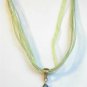 White Blue Millefiori Teardrop Pendant Green Organza Wax String Necklace