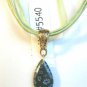 White Blue Millefiori Teardrop Pendant Green Organza Wax String Necklace
