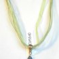 White Blue Millefiori Teardrop Pendant Green Organza Wax String Necklace