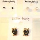 Lot 3 Black Owl White Pearl Tone Black Crystal Stud Earrings