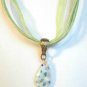 Clear Blue Millefiori Teardrop Pendant Green Organza Wax String Necklace