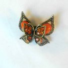 Orange Double Butterfly Fashion Brooch Broach Pin Gold Tone