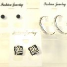 Lot 3 Black Stud Square Clear Rhinestone Silver Tone Hoop Earrings