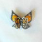Yellow Amber Double Butterfly Fashion Brooch Broach Pin Silver Tone