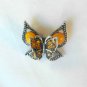 Yellow Amber Double Butterfly Fashion Brooch Broach Pin Silver Tone