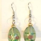 Green Oval Silver Lampwork Pink Rose Millefiori Dangle Earrings