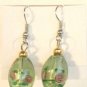 Green Oval Silver Lampwork Pink Rose Millefiori Dangle Earrings
