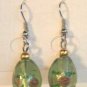 Green Oval Silver Lampwork Pink Rose Millefiori Dangle Earrings