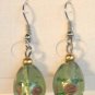 Green Oval Silver Lampwork Pink Rose Millefiori Dangle Earrings