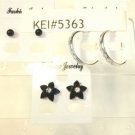 Lot 3 Black Stud Flower Clear Rhinestone Silver Tone Hoop Earrings