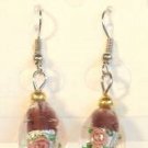 Purple Oval Silver Lampwork Pink Rose Millefiori Dangle Earrings