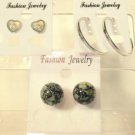 Lot 3 Black Stud Sparkle Heart Silver Tone Hoop Earrings