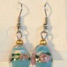 Baby Blue Oval Silver Lampwork Pink Rose Millefiori Dangle Earrings