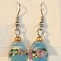 Baby Blue Oval Silver Lampwork Pink Rose Millefiori Dangle Earrings