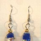 Dark Blue Oval Silver Lampwork Pink Rose Millefiori Dangle Earrings