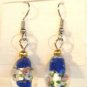 Dark Blue Oval Silver Lampwork Pink Rose Millefiori Dangle Earrings