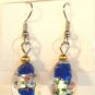 Dark Blue Oval Silver Lampwork Pink Rose Millefiori Dangle Earrings