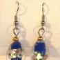 Dark Blue Oval Silver Lampwork Pink Rose Millefiori Dangle Earrings